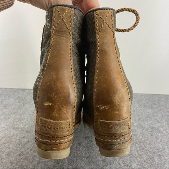Sorel Tan Leather and Gray Lace-Up Wedge Ankle Boots Women’s Size 7.5 - Picture 5 of 12
